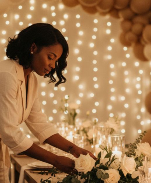 Event assistant arranging flowers on a table during wedding or event setup