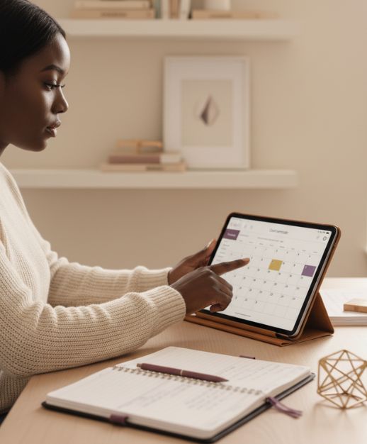 Virtual assistant planning schedule on tablet calendar