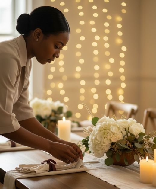 Event assistant preparing a table setting with flowers and candles