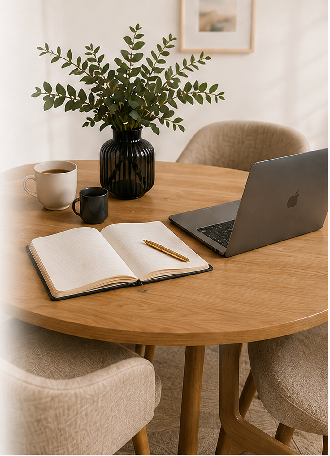 Workspace desk with notebook, laptop, mugs and plant