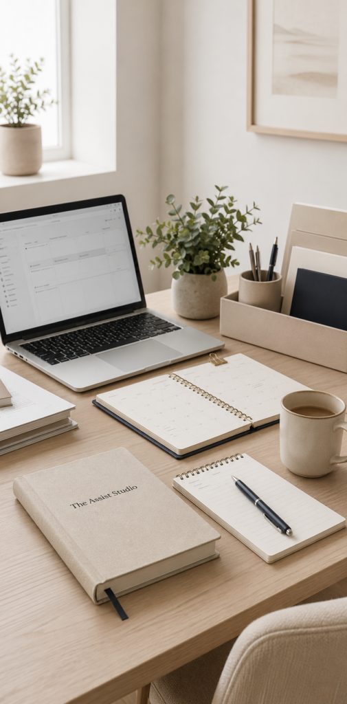 Calm workspace with laptop, planner and stationery